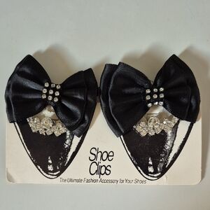 Nordstrom 2 Pair Black Satin Bow  and Rhinestone Shoe Clips